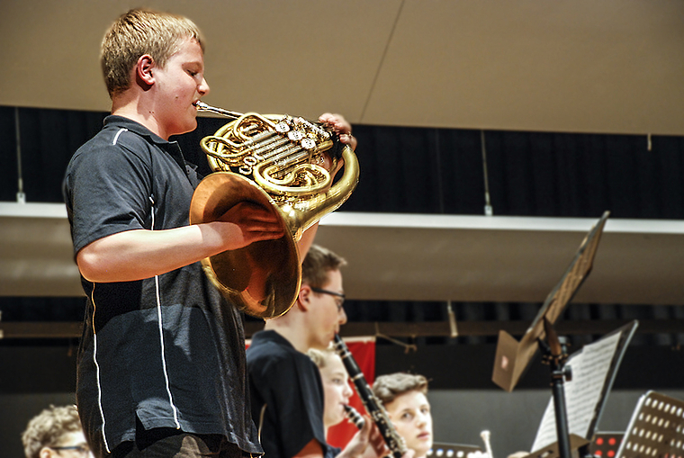 Beachtliches Horn-Solo mit heiklen Läufen: Nicola Schweizer vom Blasorchester der Musikschule Reinach.  Foto: Thomas Brunnschweiler