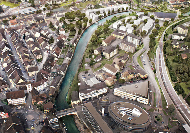 Neues Wohnquartier Nau: Weisse Flachdachhäuser zwischen Birs und SBB-Linie. Visualisierung: zvg Herzog & de Meuron