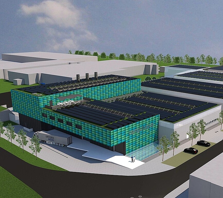 <em>Strom vom Dach: </em>Das neue Produktionsgebäude soll Regenwasser und Sonnenenergie nutzen und so eine ökologische Produktion ermöglichen.visualisierung: zvg