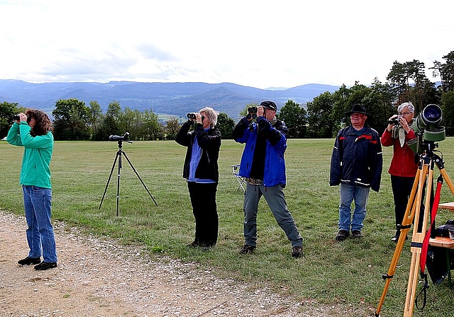 Blick durchs Fernrohr: Der Natur- und Vogelschutzverein Blauen-Dittingen-Nenzlingen hatte zur Zugvogelbeobachtung auf dem Dittinger Flugplatz eingeladen. Foto: Gaby Walther