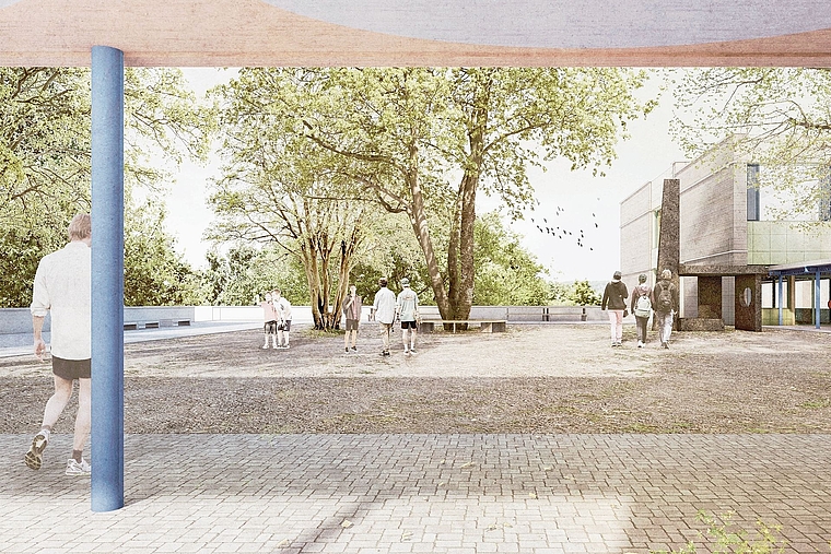 Aussenbereich: Visualisierung des geplanten Schulhauses Brühl mit Pausenplatz und Erweiterungsbau.Foto: zvg / visualisierung