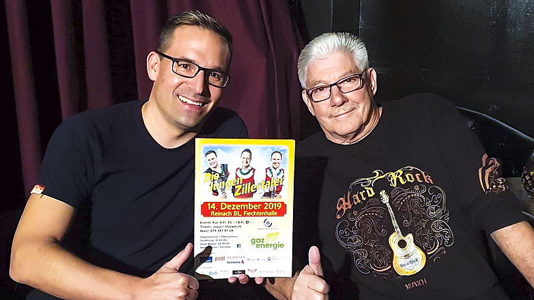 Holen die Schlagerstars nach Reinach: Marc Frei (l.) und Ulrich Greub vom Ski-Club Reinach BL. Foto: ZVG