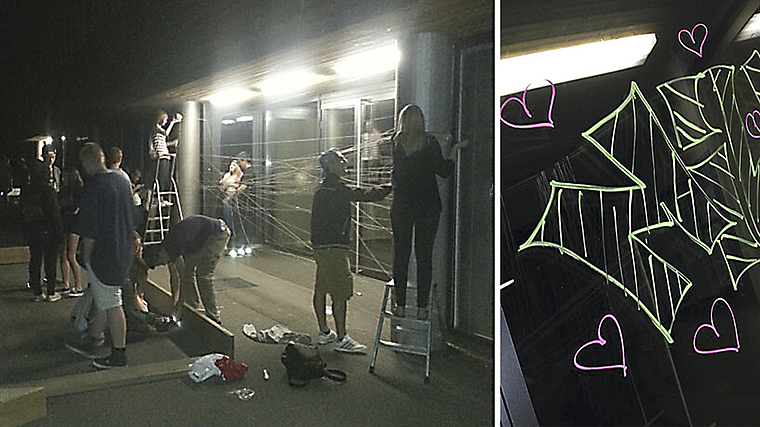Orchestrierte Nachtaktion: Die Sekundarschüler beim Aufbau der Bassin-Schnur-Installation. Die Stifte für die Scheiben-Graffitis waren vorgängig polizeilich untersucht und bewilligt worden. Fotos: ZVG und Gemeindepolizei (Front)