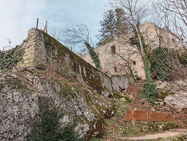 Die Mauer muss dringend saniert werden: Beim Temple Rustique ist sie bereits eingestürzt. Foto: Tobias Gfeller.