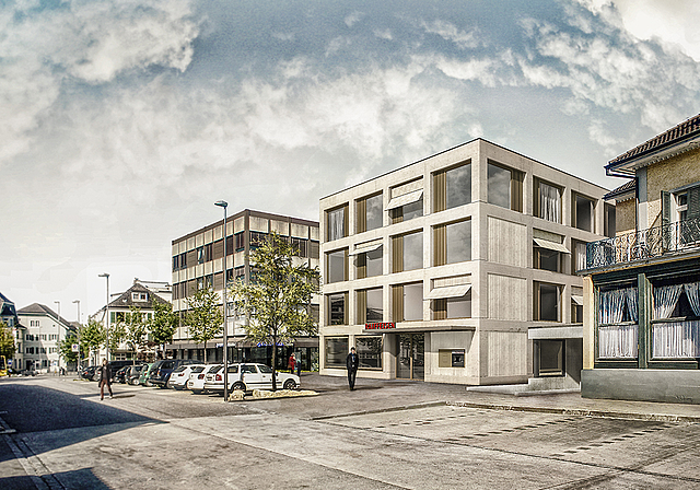 Bankenplatz: Das neue Raiffeisen-Beratungszentrum kommt gleich neben die Baloise Bank SoBa zu stehen.  Visualisierung: ZVG