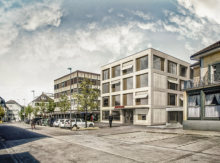 Bankenplatz: Das neue Raiffeisen-Beratungszentrum kommt gleich neben die Baloise Bank SoBa zu stehen. Visualisierung: ZVG