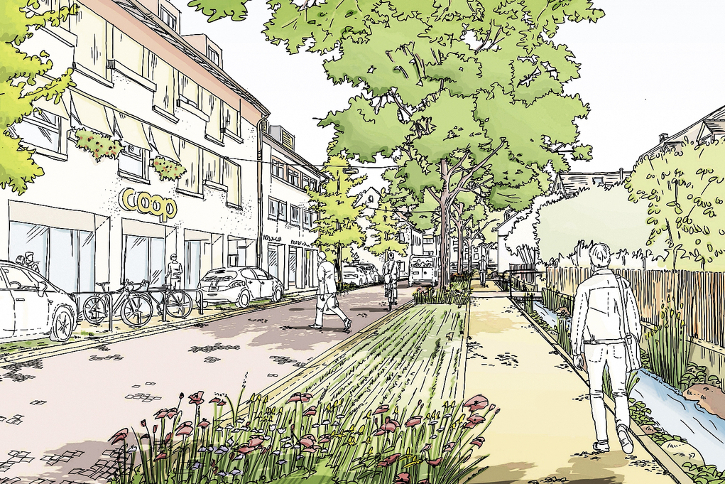 Mehr Grün, ausgedolter Bach: So soll die Ermitagestrasse künftig aussehen. Foto: zvg/Visualisierung