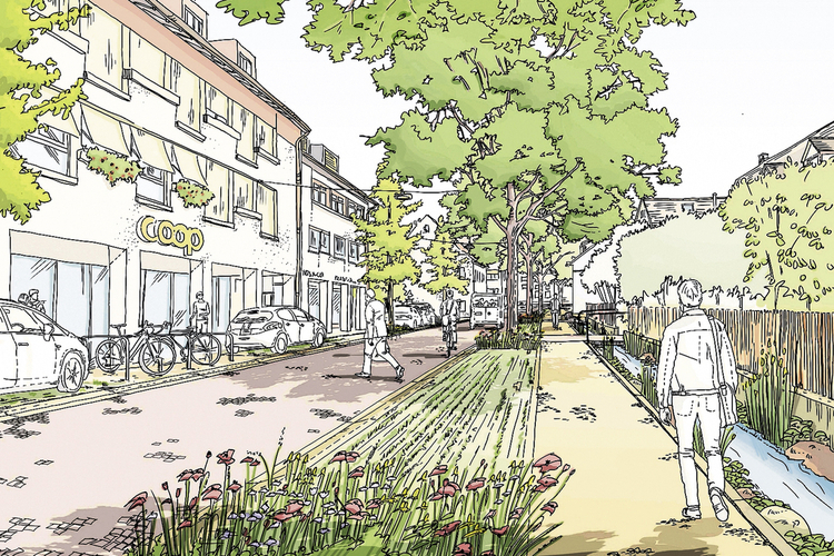 Mehr Grün, ausgedolter Bach: So soll die Ermitagestrasse künftig aussehen. Foto: zvg/Visualisierung