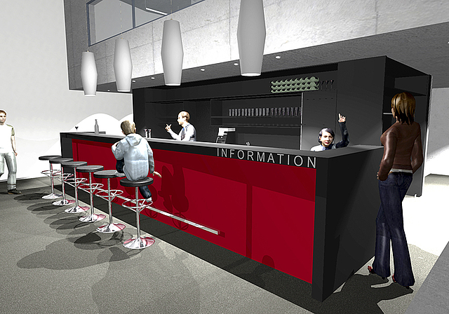 Im Foyer des neuen Theaterbaus: Tagsüber ist es erste Anlaufstelle für Schwarzbubenland-Touristen und -Unternehmer.  Visualisierung: ZVG
