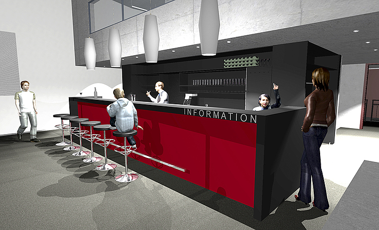 Im Foyer des neuen Theaterbaus: Tagsüber ist es erste Anlaufstelle für Schwarzbubenland-Touristen und -Unternehmer. Visualisierung: ZVG