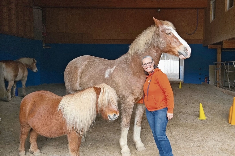 Hat den Hof umgebaut: Stiftungspräsidentin Gabriela Pernter Volpe; auf dem Bild mit ihrem Freiberger-Wallach Niggi, mit dem alles begann. Foto: Fabia Maieroni