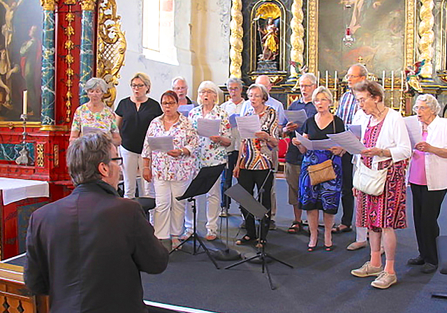 Noch immer auf Kurs: Trotz Corona und allgemein schwieriger Zeiten für Kirchenchöre probt man in Pfeffingen fleissig weiter, selbstverständlich corona-konform. Das Bild zeigt den Chor bei einem Sommerausflug in der Kirche Olsberg. Foto: zVg