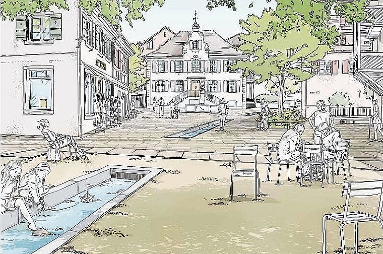 Spielen am Dorfbach: Das Siegerprojekt BBZ Landschaftsarchitekten will den Dorfplatz mit einem offenen Bachlauf aufwerten. Visualisierung: BBZ Landschaftsarchitekten