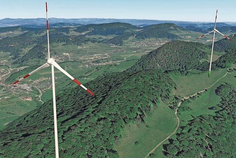 Windpark Meltingerberg: Sicht von WKA 4 nach Meltingen. Foto: Fotomontage/zvg