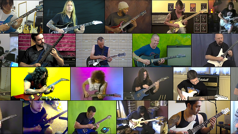 The sound of music: In einem Raum spielen auf einer grossen Wand unzählige YouTuber ihre Gitarrensoli. Foto: Patrick Steffen