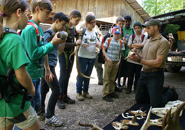Schädelkunde an Wildtieren: Martin Burri erklärt den Kindern das Wesen eines Geweihs.   Foto: Jürg Jeanloz