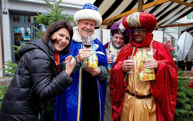 <em>Die Marktchefin und die Könige:</em> Margot Borer sowie die drei Könige Kurt Sigrist, Gerhard und Reinhold Lutz, bei denen jetzt auf «die sieben fetten die sieben mageren Jahre» folgen. Foto: Martin Staub