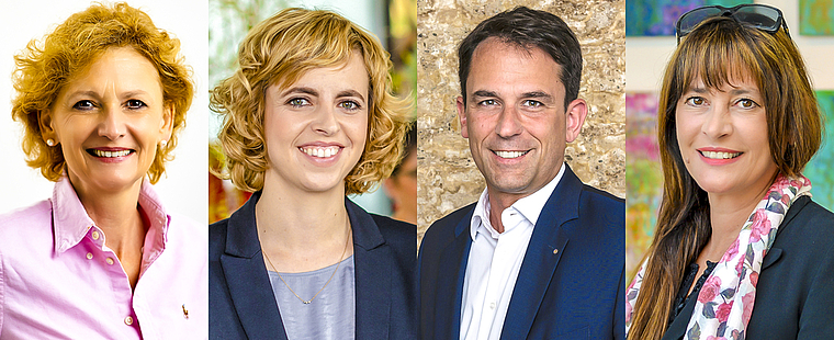 Erzielten gute persönliche Resultate (v. l.): Béatrix von Sury (CVP), Miriam Locher (SP), Balz Stückelberger (FDP) und Caroline Mall (SVP). Bild: ZVG / WOB