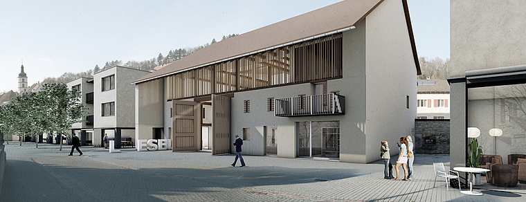 Markante Aufwertung: Die Stedtlibibliothek in der neuen Amtshausscheune. Visualisierung: Jermann Architekten zvg