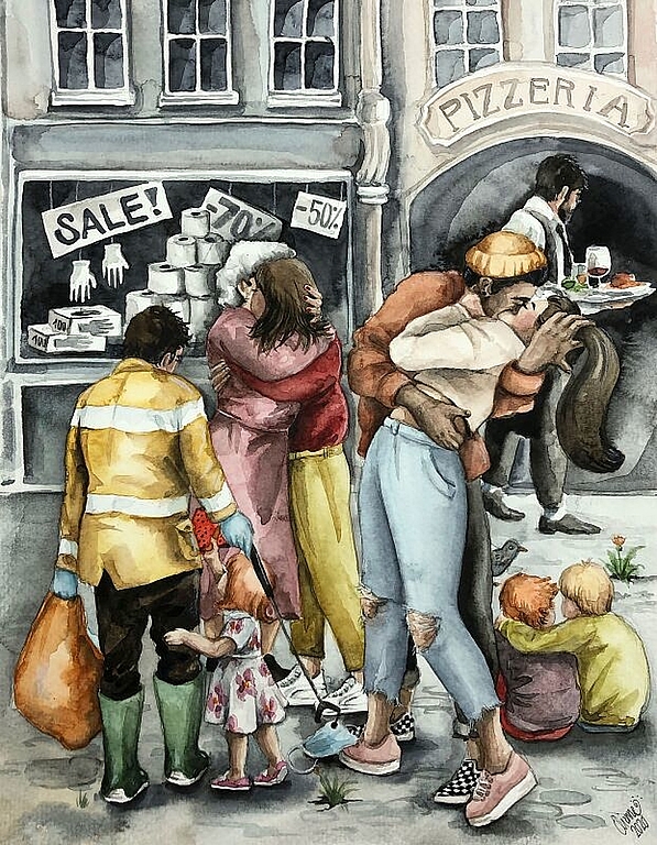 Hoffnung auf die alte Freiheit: Die Menschen liegen sich wieder in den Armen. Auf den Strassen, in Restaurants und in den Geschäften herrscht reger Betrieb. Die Arbeiter beseitigen die letzten Schutzmasken, die auf den Strassen liegengeblieben sind,