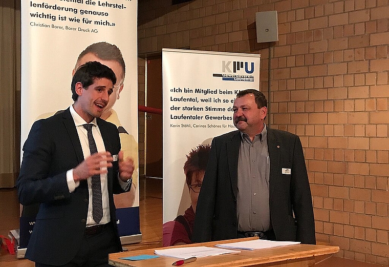 <em>Arbeiten Hand in Hand: </em>KMU-Laufental-Präsident Marc Scherrer und AGLAT-Mann Martin Vogel. Foto: peter Walthard