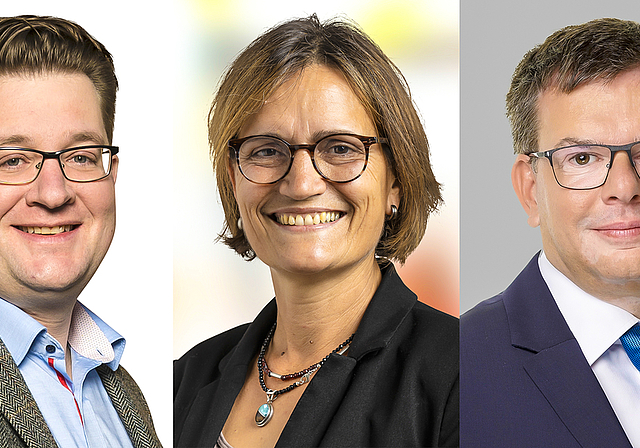Wegen Corona: Der Fahrplan zu den Gemeindepräsidiumswahlen gerät durcheinander – insbesondere in Aesch, wo mit Stephan Hohl (FDP, links im Bild), Eveline Sprecher (SP) und Andreas Spindler (SVP) drei Kandidaten antreten.   Fotos: ZVG