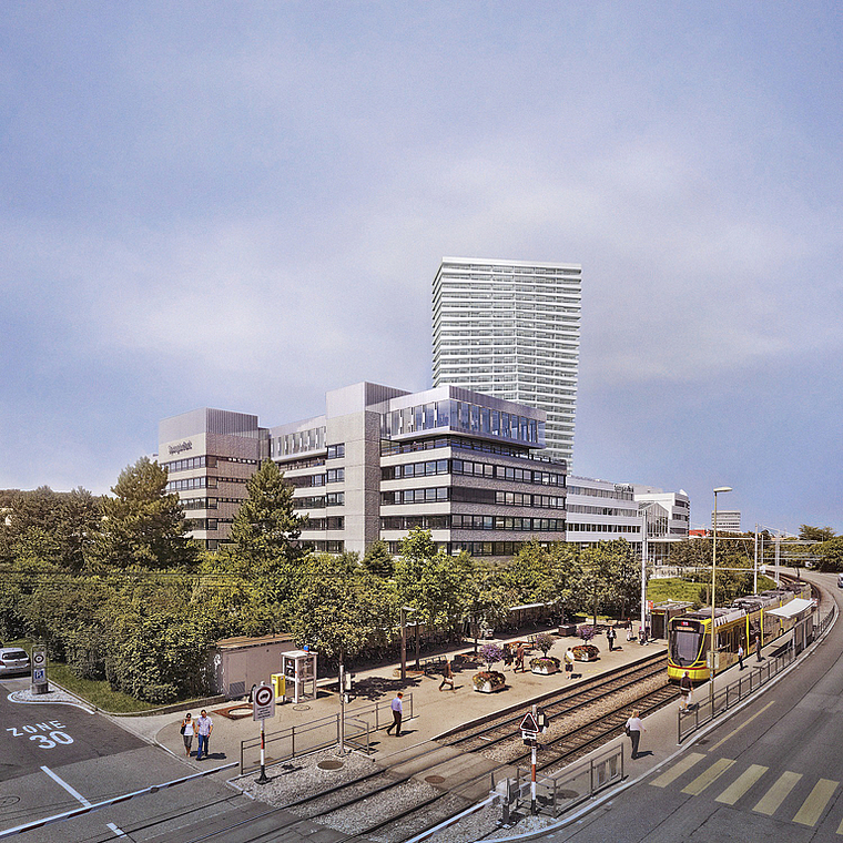 Blick von der Tramstation Spengler: In etwa so könnte der neue Spenglerpark dereinst aussehen. Visualisierung: ZVG
