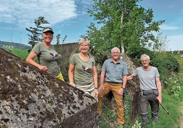 Panzersteine für die Natur: (v. l.) Angelika Christofori, Lisa Wüst, Gerhard Christofori und Werner Schneider  pflegen das Gewächs zwischen den Steinen am Wegrand. Foto: Caspar Reimer