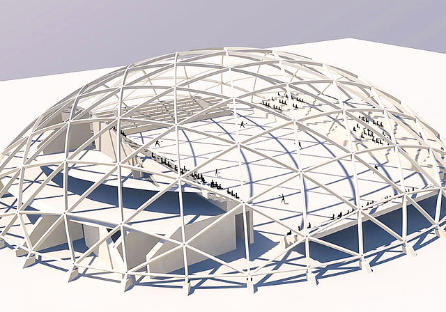 Der geplante Holzdom: So könnte die neue Sport- und Kulturhalle in Aesch aussehen.  Abbildung: Häring & Co. AG.