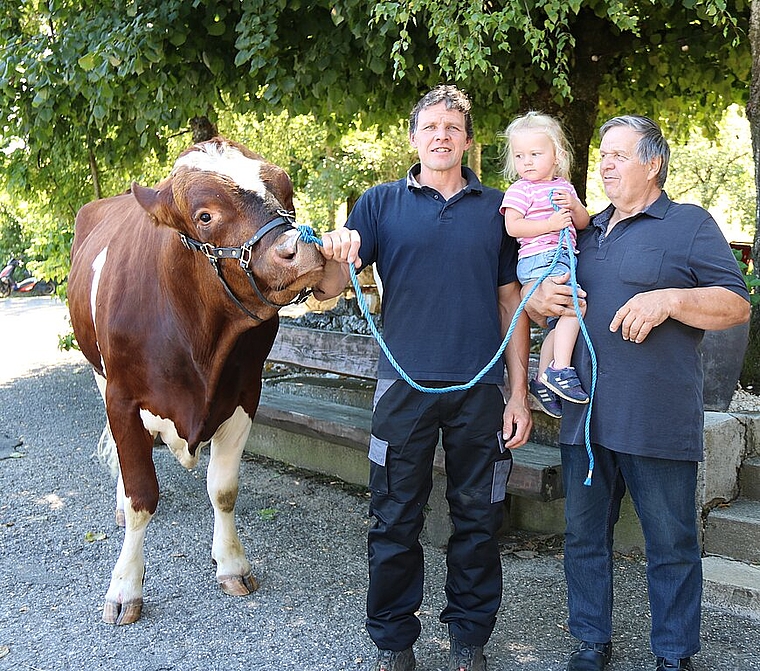 <em>Die Kleine hilft schon mit: </em>Vater Urs (l.) und Grossvater Sepp Wiggli mit Enkelin Tyara und dem Stier Zauber, Hauptpreis am 100. Basler Schwingfest im vergangenen Mai, den sich Nick Alpiger erschwungen hat.<em>Foto: Benildis Bentolila</em>