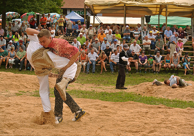 Nationalsport auf der Steinegg: Vor dem Kampf reicht man sich die Hand, nach dem Schwingen wischt man dem Gegner das Sägemehl vom Hemd. Dazwischen packt man den Gegner an der Hose und versucht ihn in einem Schwung auf den Rücken zu zwingen.   Foto: