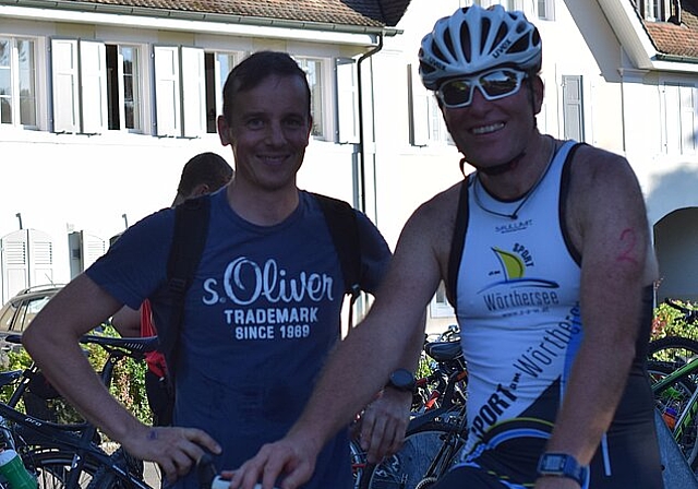 Sportler: Roy Senn aus Birsfelden und Marco Auderset aus Riehen wissen die Angebote in Laufen zu schätzen, kommen zum Training und absolvierten am Samstag den Triathlon des Schwimmklubs Laufen. Foto: Bea Asper