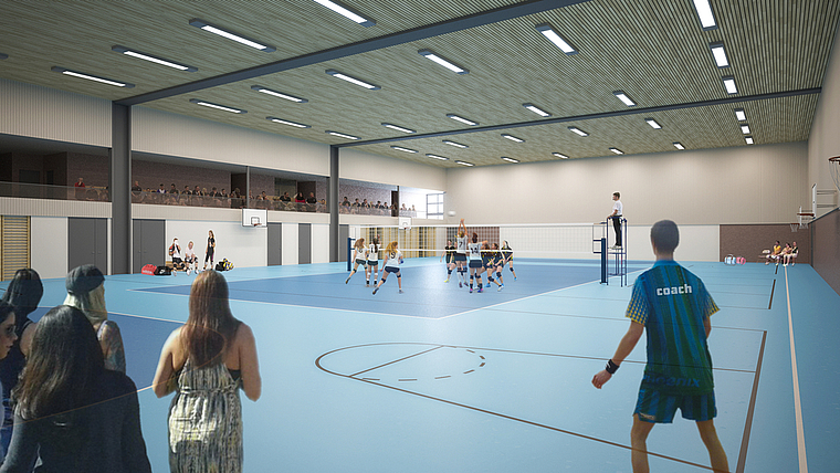 Blick in die Halle: So wird im Löhrenacker künftig Volleyball gespielt. Visualisierung: ZVG