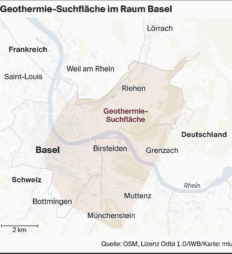 Bis nach Deutschland: Geothermie-Suchfläche im Raum Basel. Foto: zvg