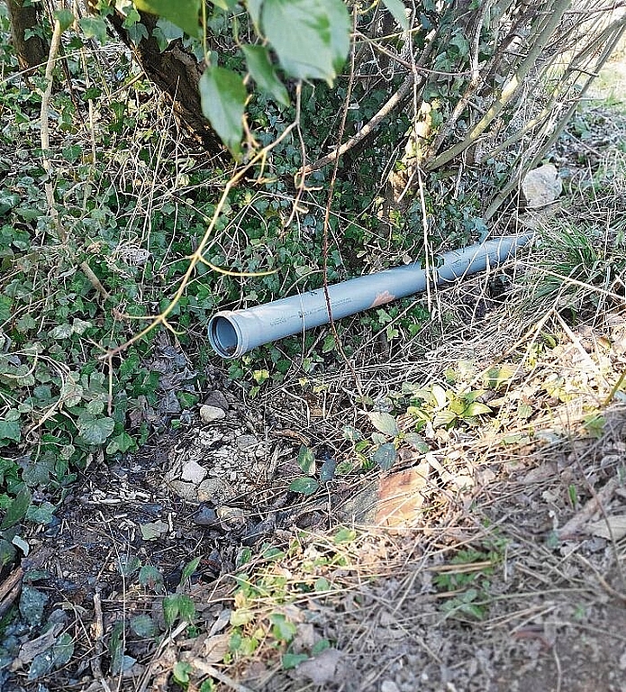 Kaum noch ein Tropfen: Aus dem Rohr, das für die Erhebung der Wassermengen eingesetzt wurde, flossen bis vor Kurzem noch mehrere Liter Wasser pro Minute in den Teich. Foto: Fabia Maieroni