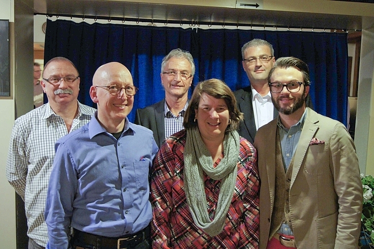Der neue Vorstand des Gewerbevereins: v. l. Reto Zuber, Max Sutter, Präsident Heinz Thommen, Manuela Brodmann, Stefan Pfeiffer, Pascal Thommen. Foto: Oliver Sterchi