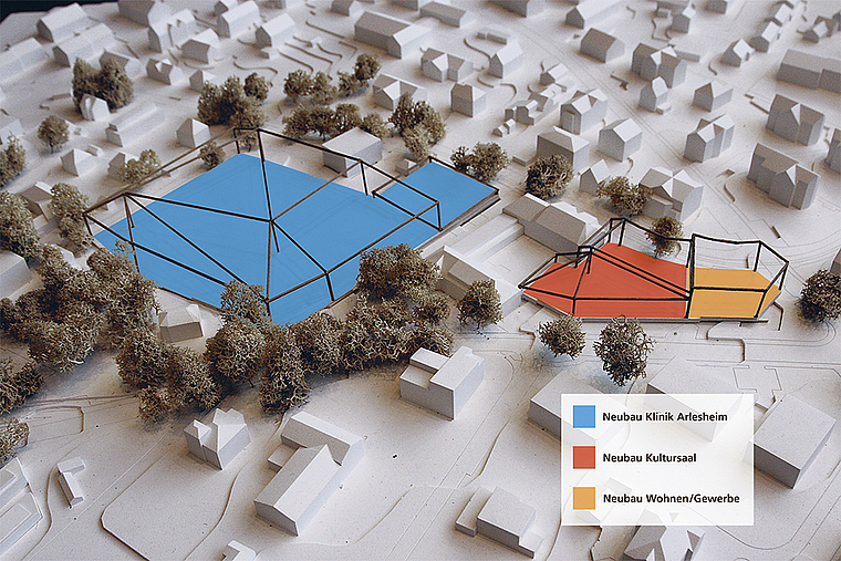 Quartierplan Stollenrain: Auf der Grundlage der Testplanung des Architekturbüros UC’NA wird ein Architekturwettbewerb für den Saalneubau ausgeschrieben. Modellfoto bearbeitet durch «Wochenblatt»