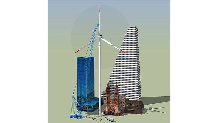 Grössenvergleich: Die geplanten Windräder werden noch höher als der Roche-Turm. Visualisierung: zvg