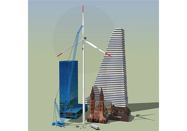 Grössenvergleich: Die geplanten Windräder werden noch höher als der Roche-Turm. Visualisierung: zvg