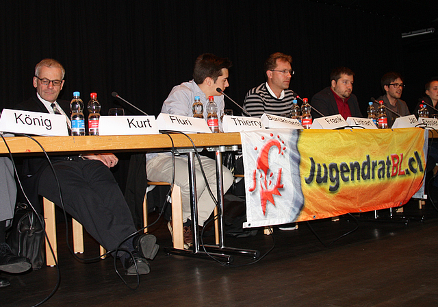 Der Jugendrat Baselland organisierte ein Podium: (v. l.) Roland König, Nationalrat Kurt Fluri, Thierry Burckhardt, Moderator Frank Linhart, Jan Fässler, Jonas Zürcher und Daniela Fischer diskutieren über die GSoA-Initiative «Ja zur Aufhebung der