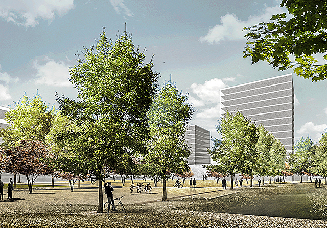 Transformationsprozess: Das Industrieareal der Stöcklin Logistik AG wird zum Wohn- und Gewerbegebiet.  Visualisierung: ZVG/E2A Architects Zürich