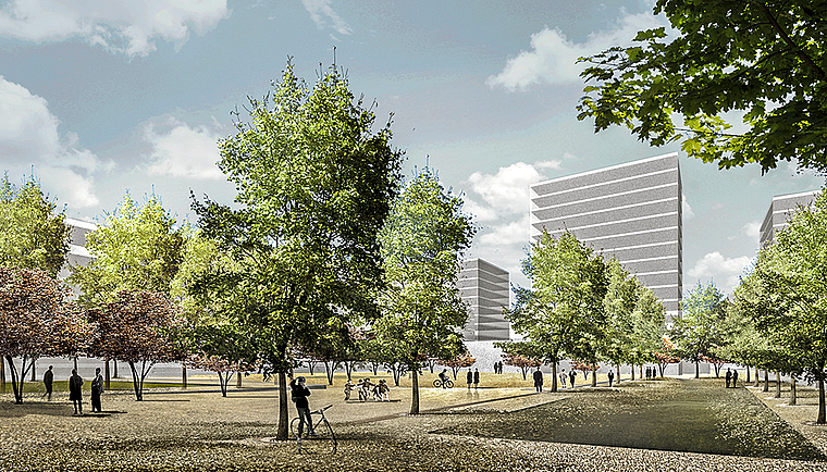 Transformationsprozess: Das Industrieareal der Stöcklin Logistik AG wird zum Wohn- und Gewerbegebiet. Visualisierung: ZVG/E2A Architects Zürich