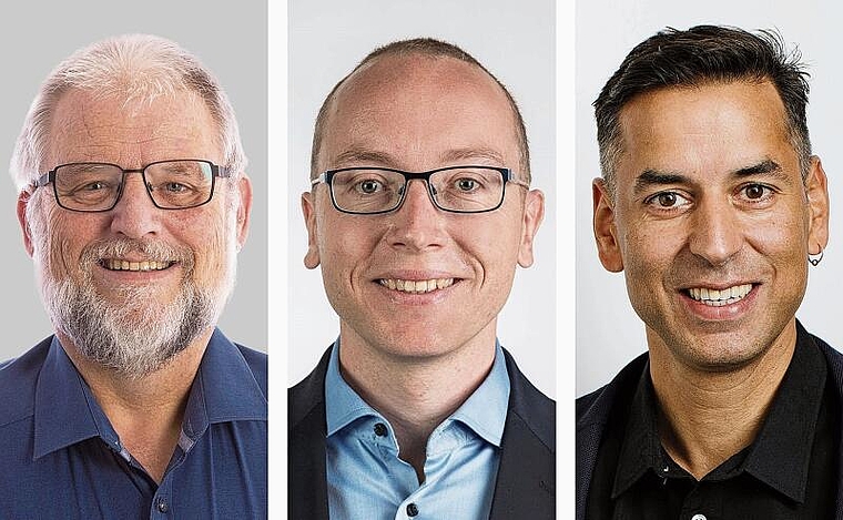 Das sind die Neuen in Liestal: (v. l.) Christian Helfenstein (Die Mitte, Aesch), Stefan Meyer (SVP, Münchenstein) und Nadim Ismail (SP, Pfeffingen). Fotos: zVg