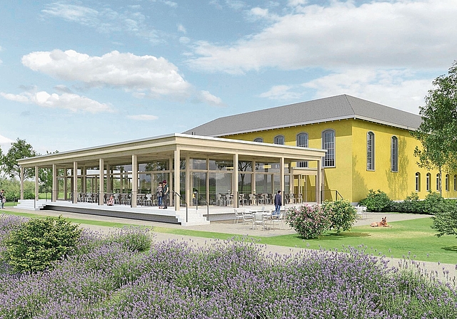 Im Hintergrund geht es vorwärts: Das Bewilligungsverfahren für den geplanten Pavillon beim Kulturzentrum Alts Schlachthuus läuft. Im besten Fall soll im Sommer 2027 mit den Bauarbeiten begonnen werden. Bild: zVg