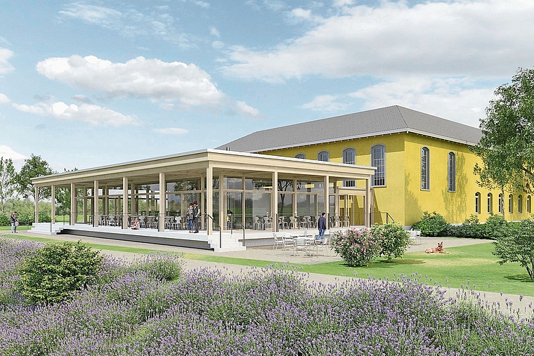 Im Hintergrund geht es vorwärts: Das Bewilligungsverfahren für den geplanten Pavillon beim Kulturzentrum Alts Schlachthuus läuft. Im besten Fall soll im Sommer 2027 mit den Bauarbeiten begonnen werden. Bild: zVg