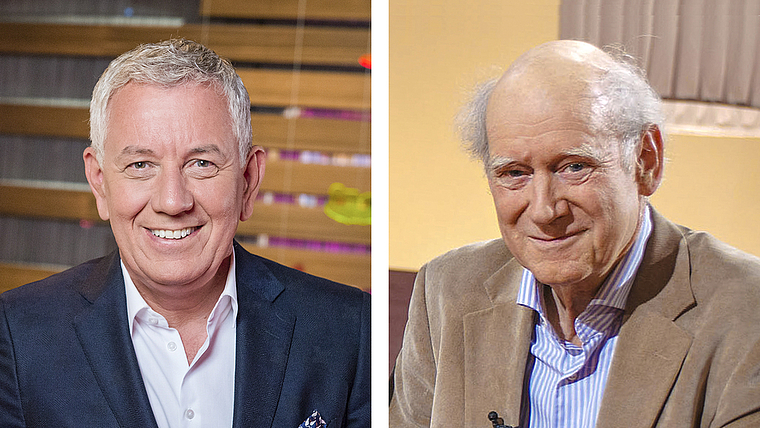 Ganz nah beim Publikum: Fernseh-Moderator Röbi Koller (l.) und Erzählmeister Franz Hohler. Foto: SRF/Oscar Alessio