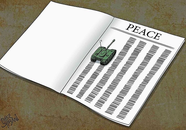 Panzer hinterlässt Spuren: Ein Werk des iranischen Künstlers Taher Shabani. Quelle: Centre for Socio-Cultural Interaction (Beide Cartoons) 
