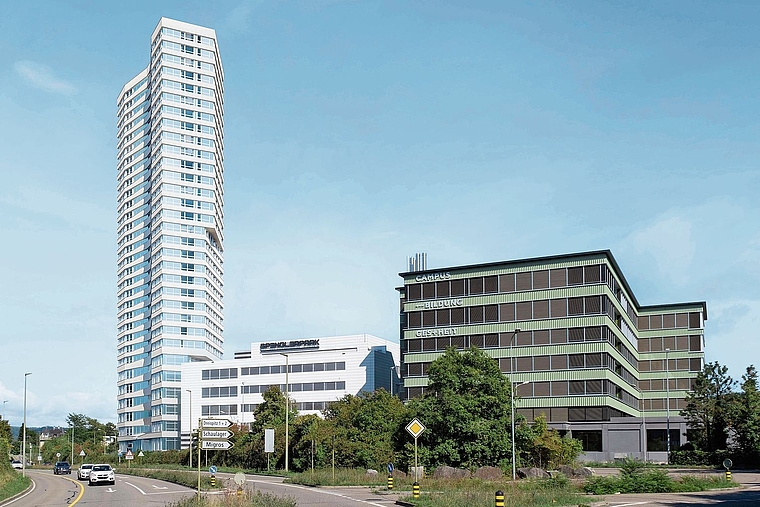 Wird Münchenstein optisch verändern: der geplante Spengler-Turm beim Spenglerpark.Foto: zvg / visualisierung