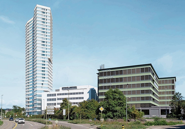 Wird Münchenstein optisch verändern: der geplante Spengler-Turm beim Spenglerpark.Foto: zvg / visualisierung