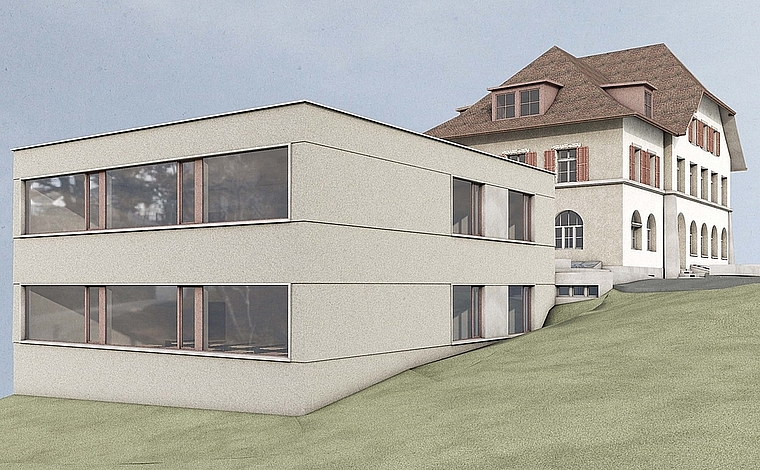 Erweiterungsbau Primarschule: An der kommenden Gemeindeversammlung wird über den Kredit abgestimmt.Visualisierung: zvg